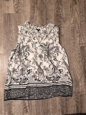 Talbots Ivory and Black Botanical & Giraffe Print Sleeveless Top